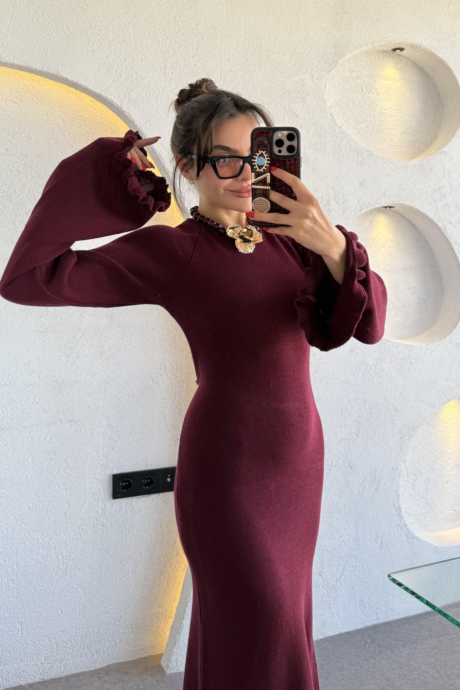 Moana Bordo Sırt Dekolteli Triko Balık Elbise