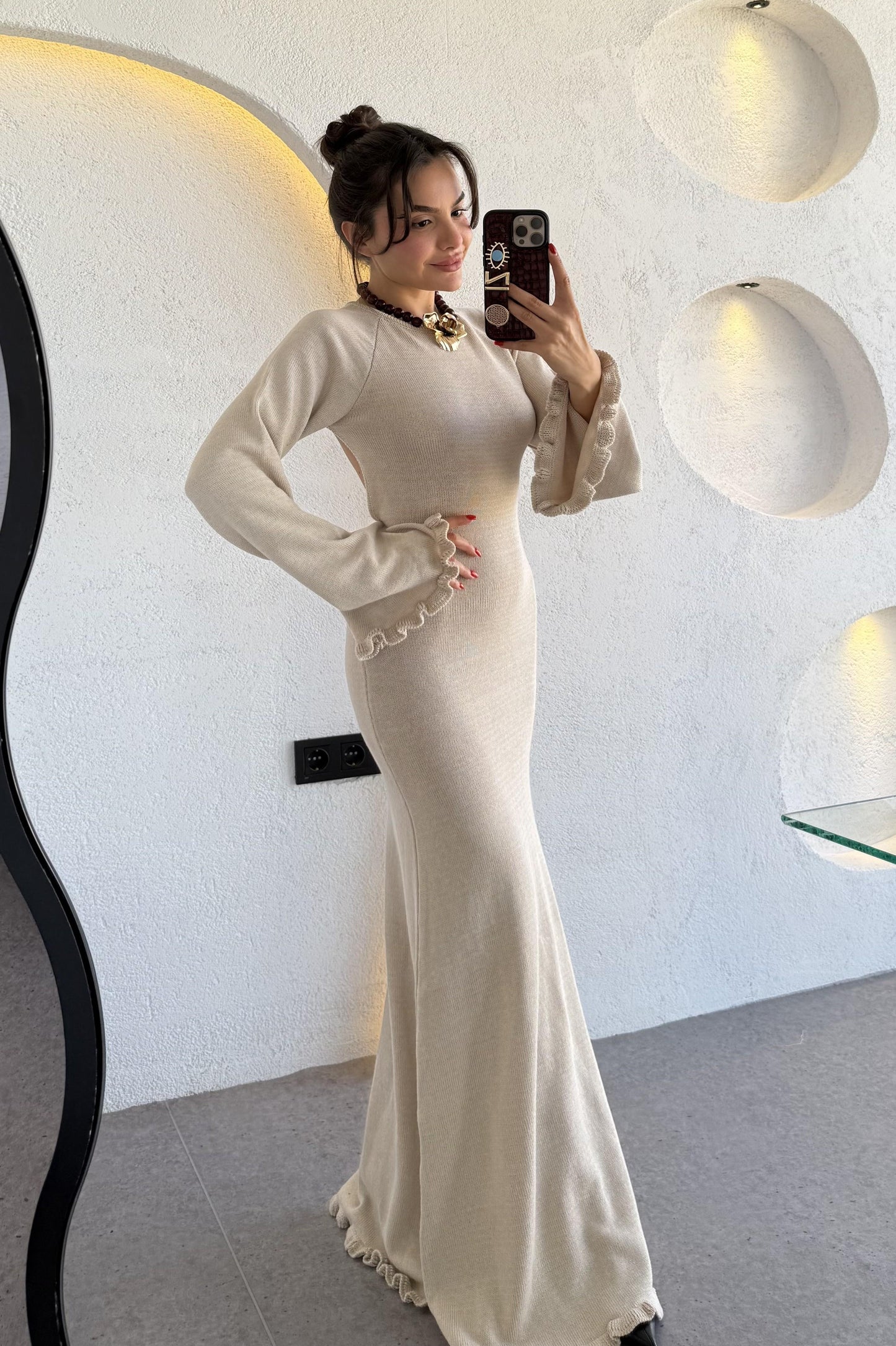 Moana Krem Sırt Dekolteli Triko Balık Elbise