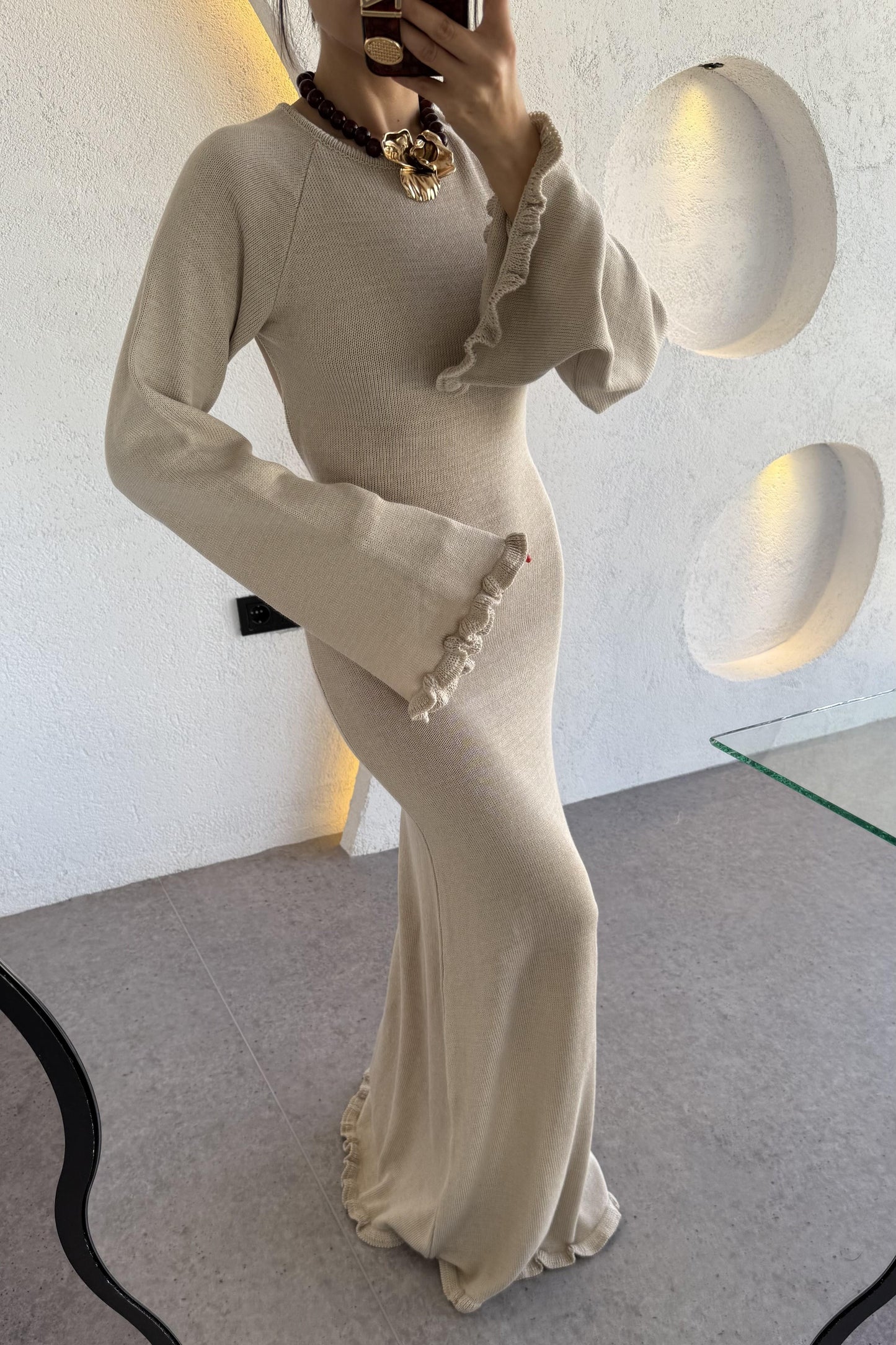 Moana Krem Sırt Dekolteli Triko Balık Elbise