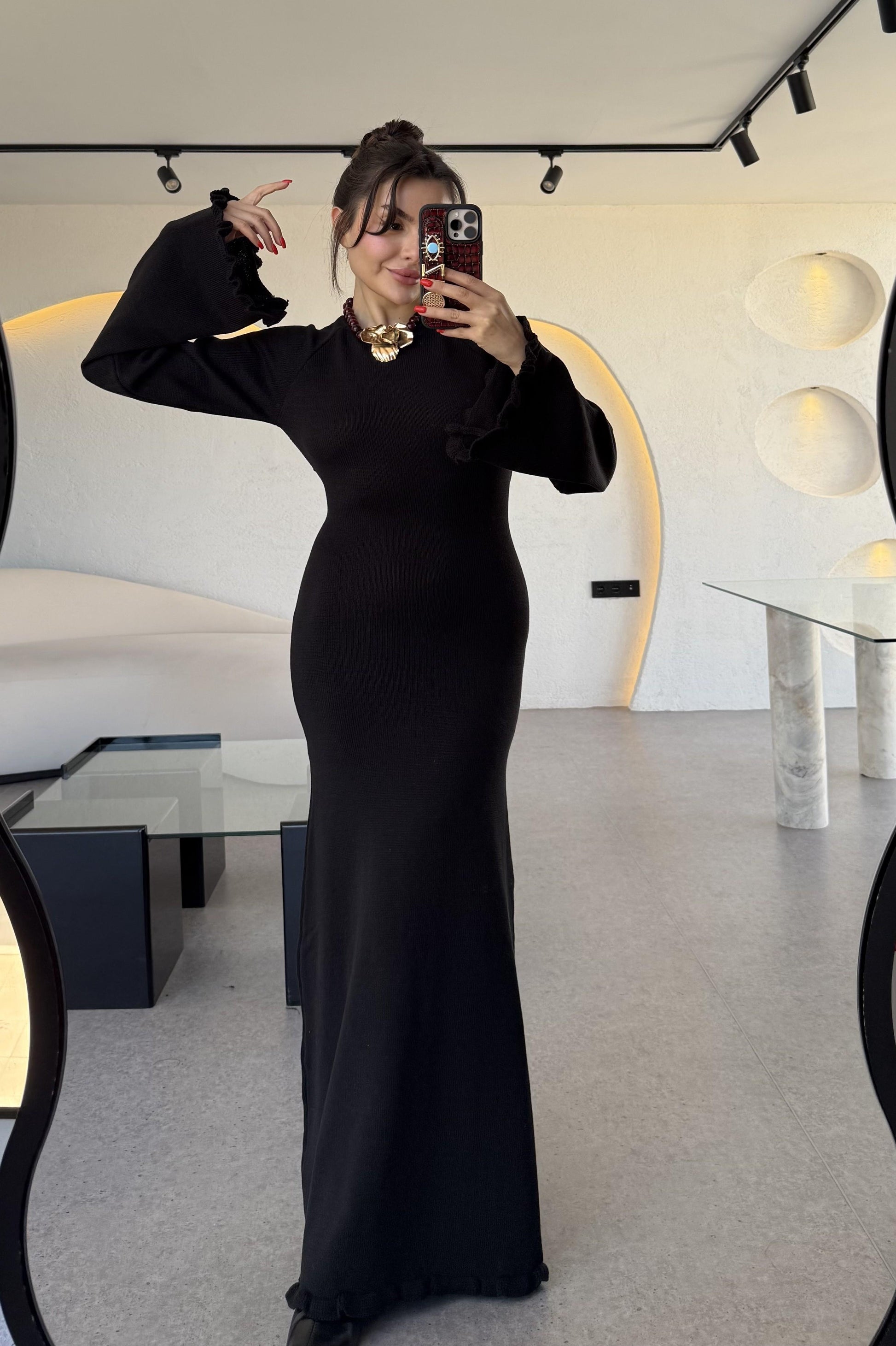 Moana Siyah Sırt Dekolteli Triko Balık Elbise