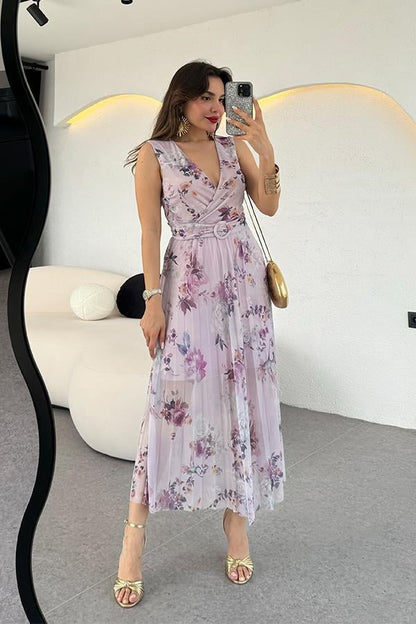 Modena Kemer Detaylı Piliseli Çiçekli Elbise