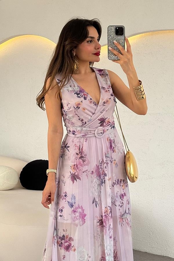 Modena Kemer Detaylı Piliseli Çiçekli Elbise