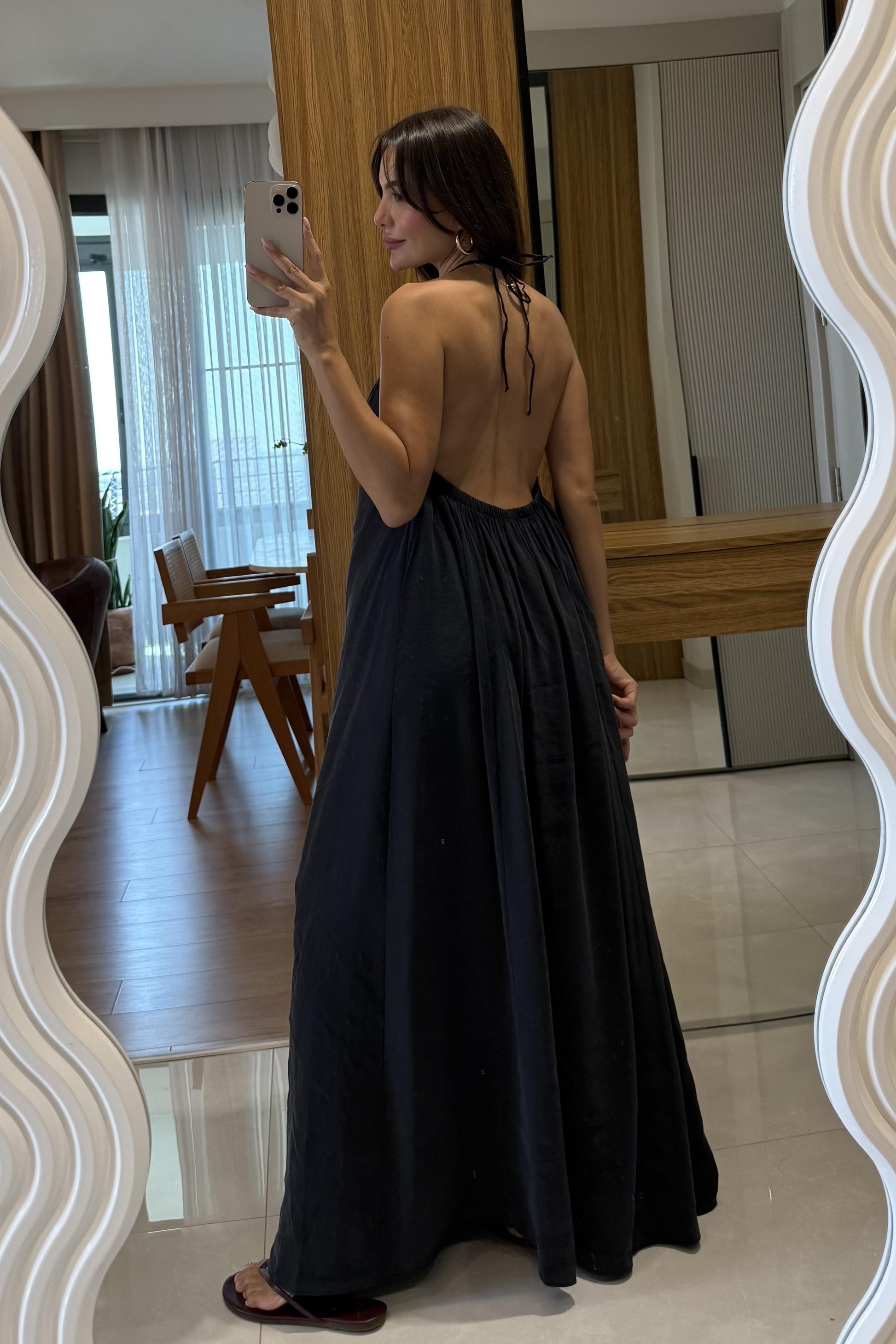 Mohan Siyah Tensel Sırt Dekolteli Elbise