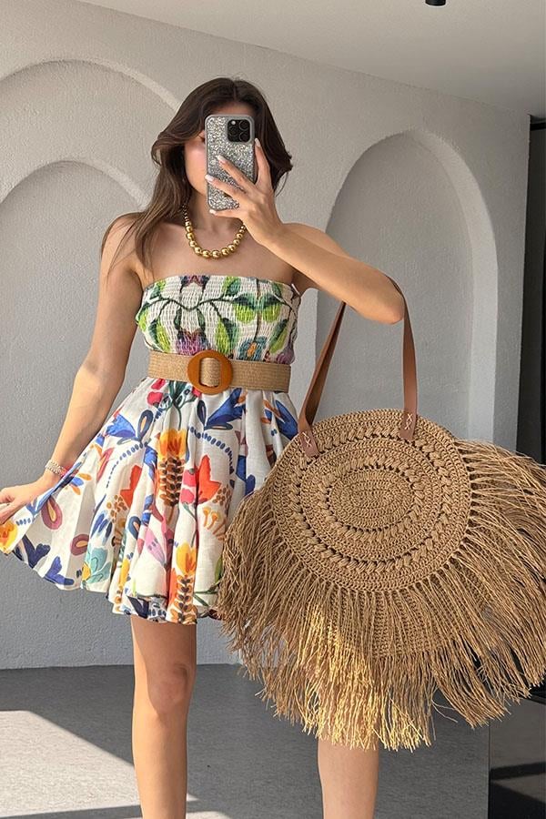 Mojito Straplez Çiçek Desen Keten Elbise