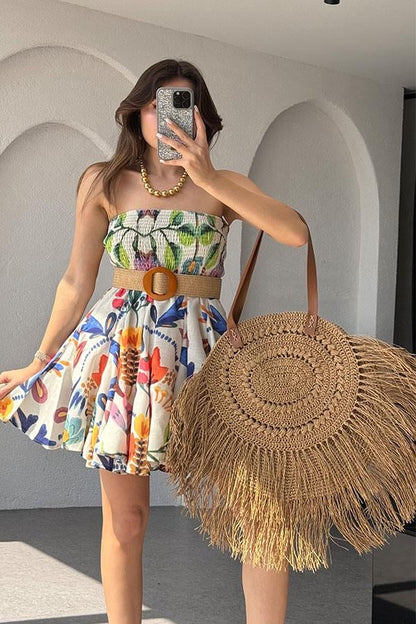 Mojito Straplez Çiçek Desen Keten Elbise