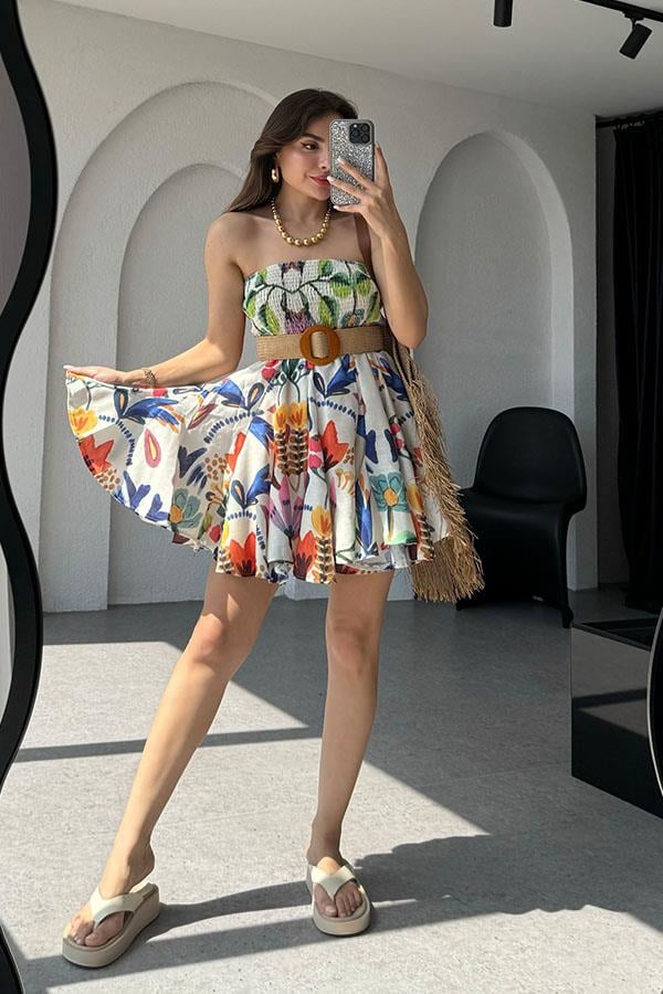 Mojito Straplez Çiçek Desen Keten Elbise