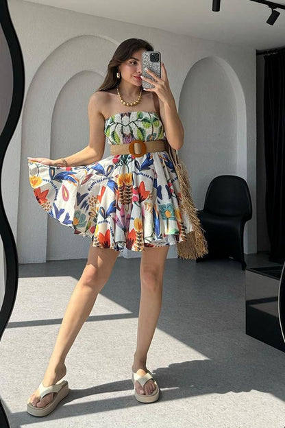 Mojito Straplez Çiçek Desen Keten Elbise