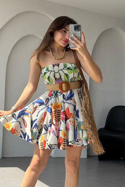 Mojito Straplez Çiçek Desen Keten Elbise