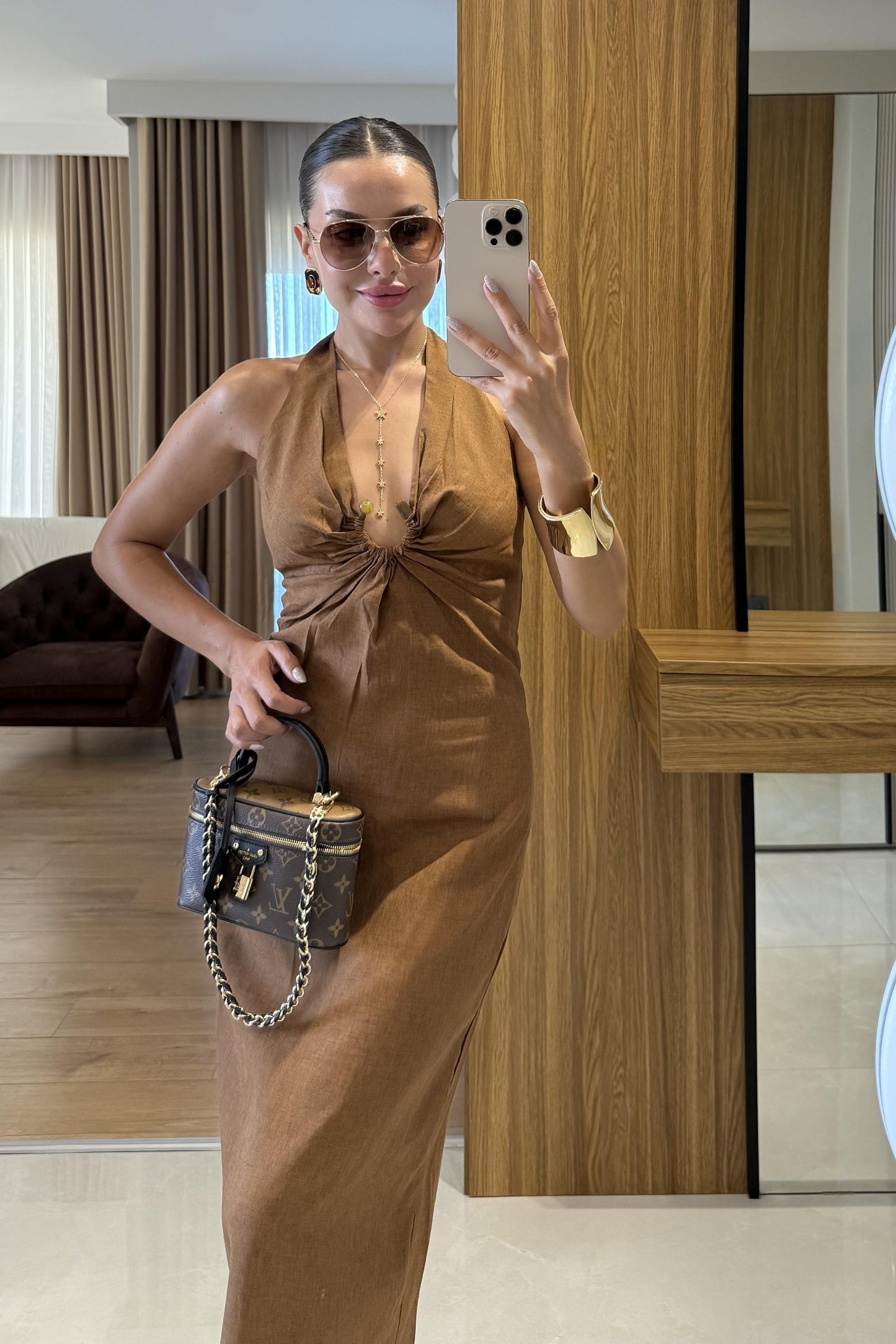 Monaco Tarçın Keten Tokalı Elbise