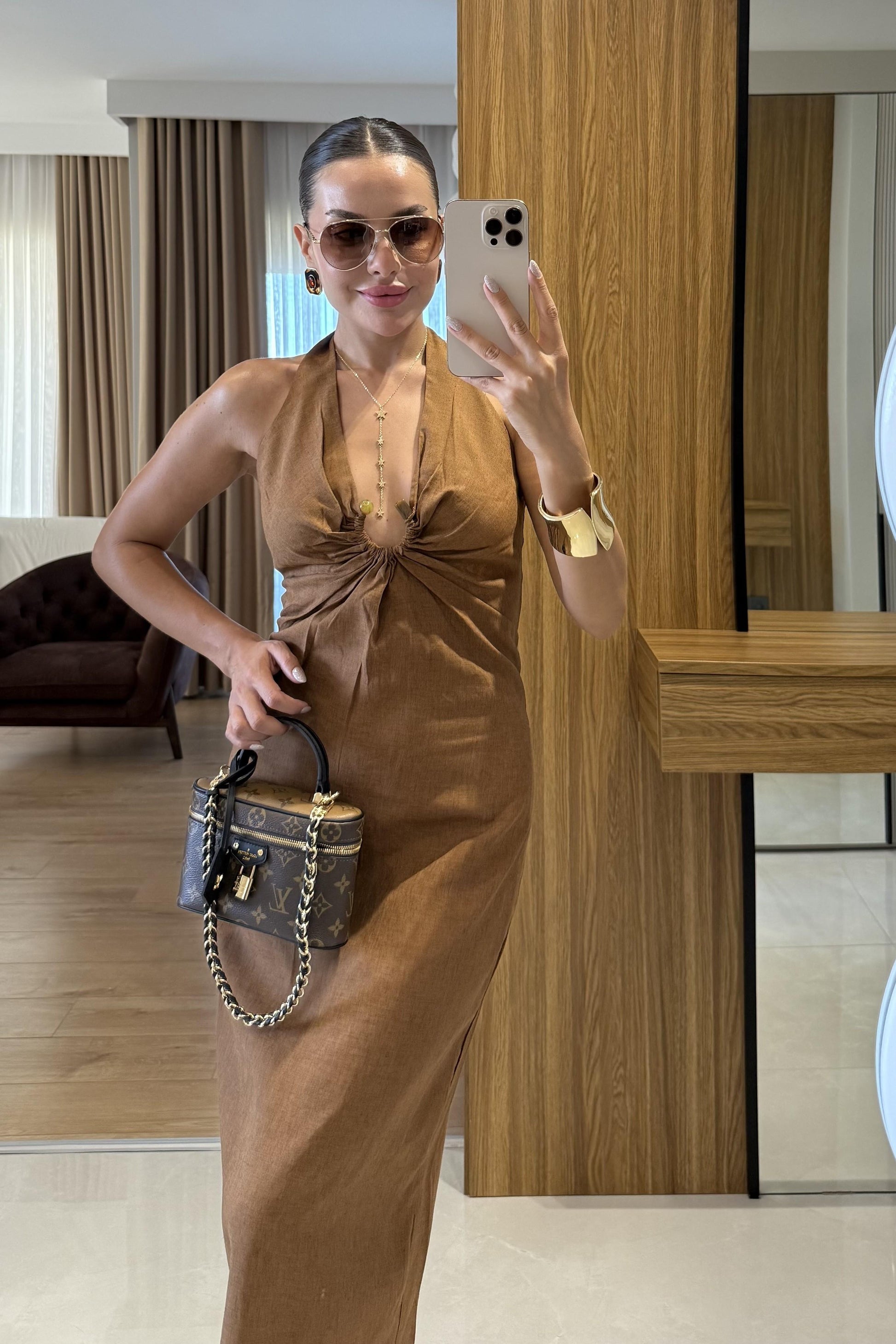 Monaco Tarçın Keten Tokalı Elbise