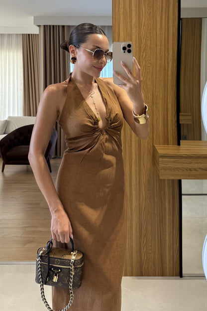 Monaco Tarçın Keten Tokalı Elbise