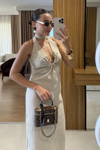 Monaco Taş Keten Tokalı Elbise