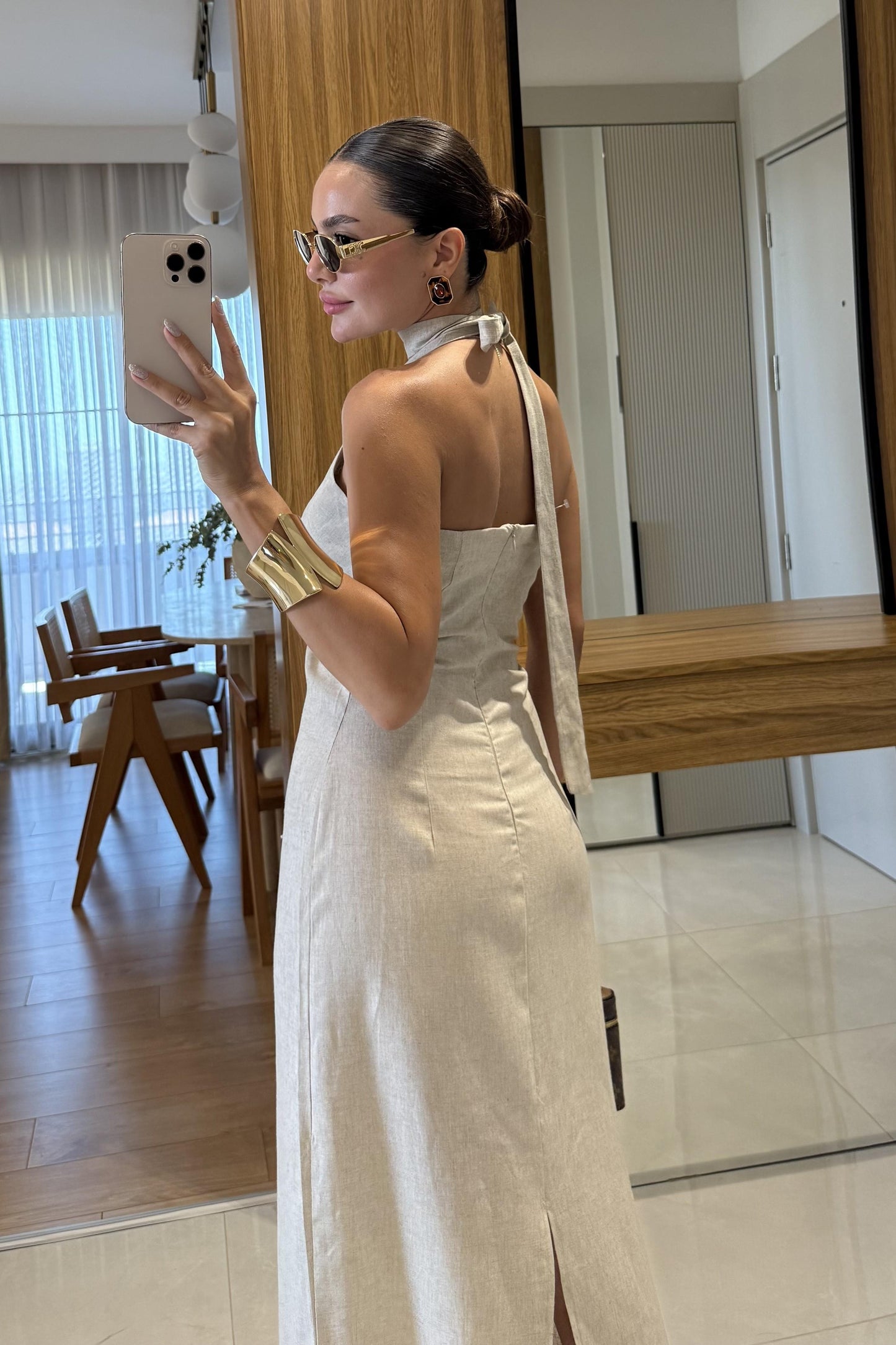 Monaco Taş Keten Tokalı Elbise