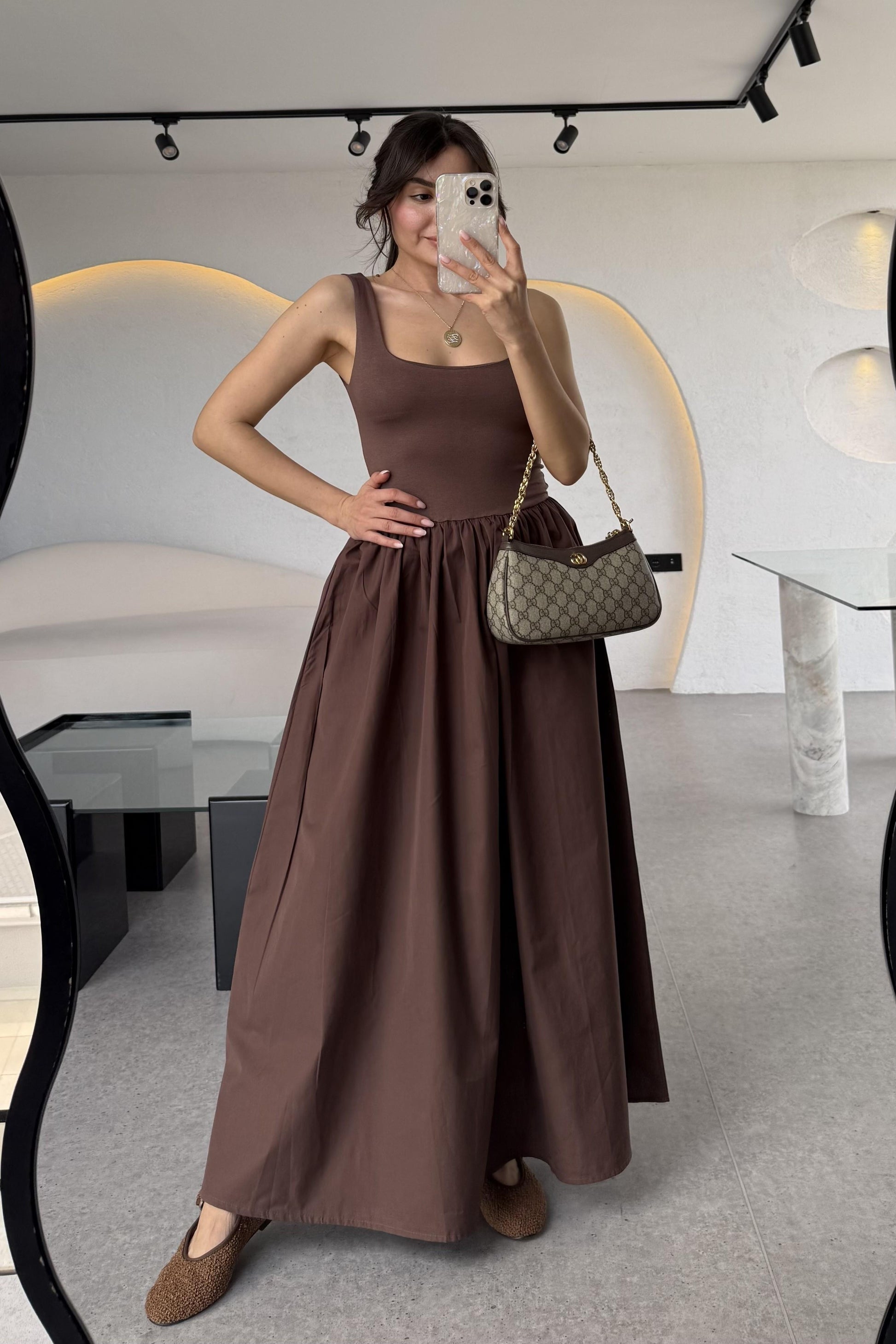 Monge Acı Kahve Kalın Askılı Maxi Balon Elbise
