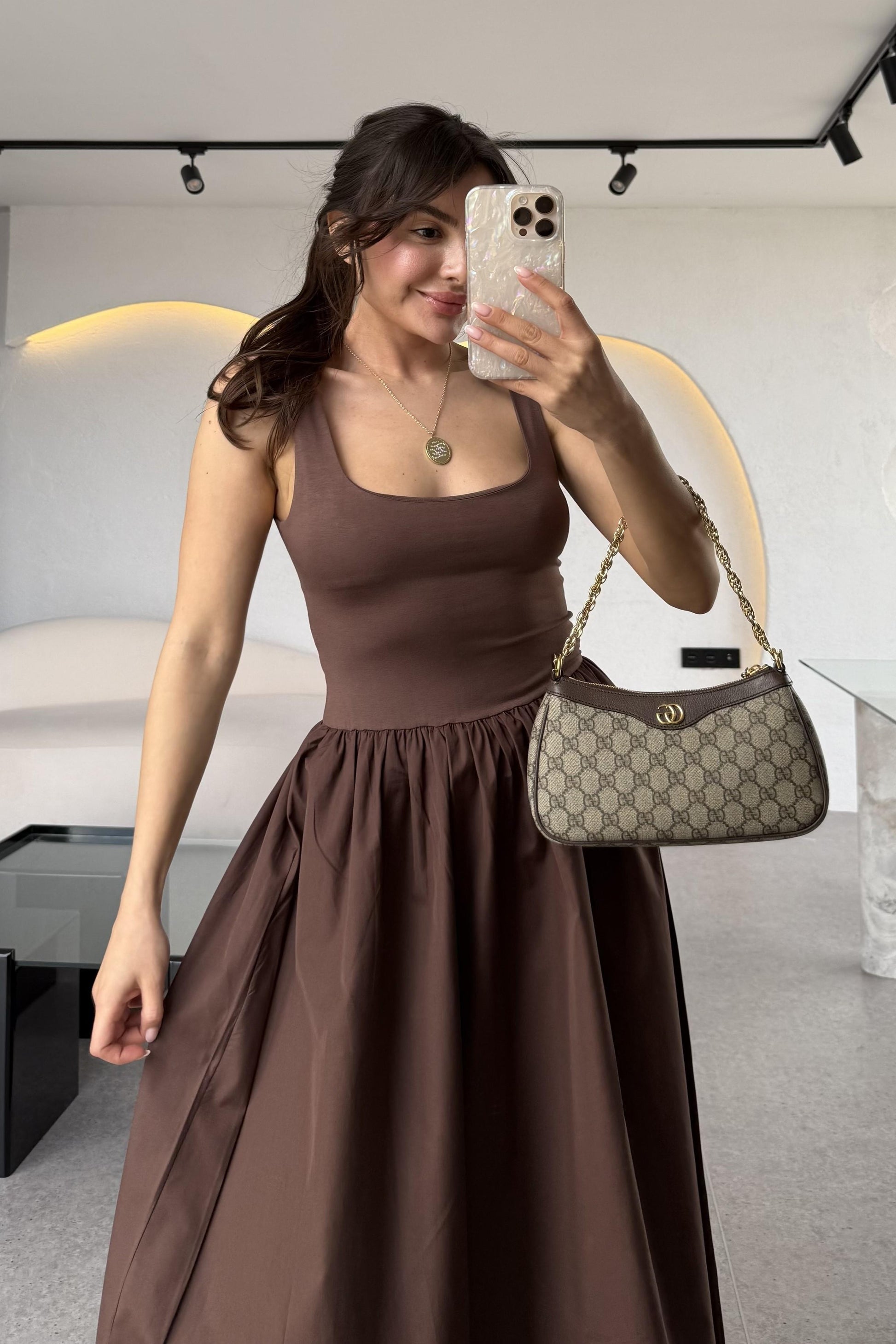 Monge Acı Kahve Kalın Askılı Maxi Balon Elbise