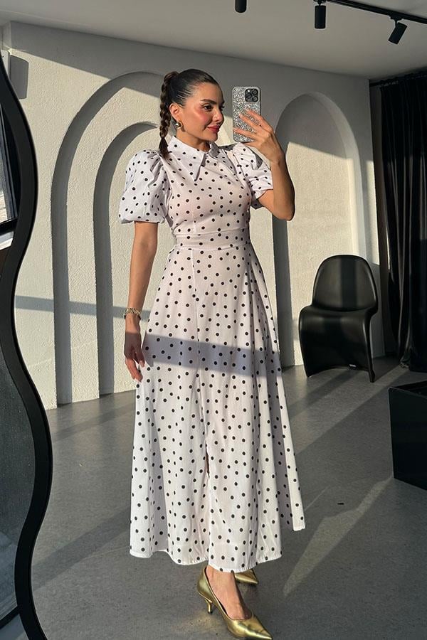 Montero Puantiyeli Balon Kol Elbise-Beyaz