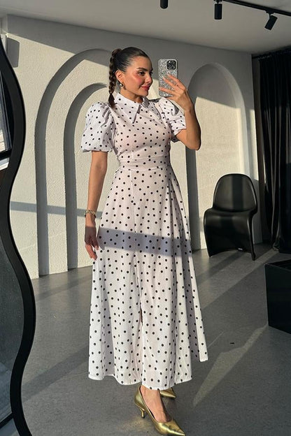 Montero Puantiyeli Balon Kol Elbise-Beyaz