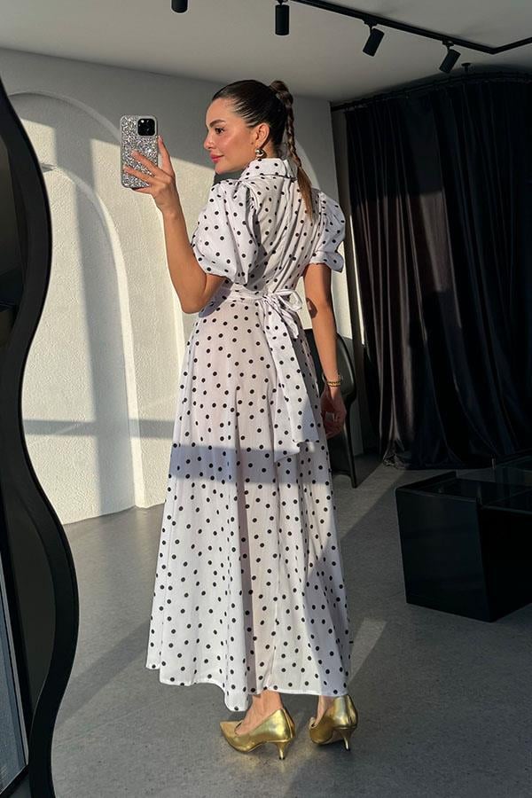 Montero Puantiyeli Balon Kol Elbise-Beyaz