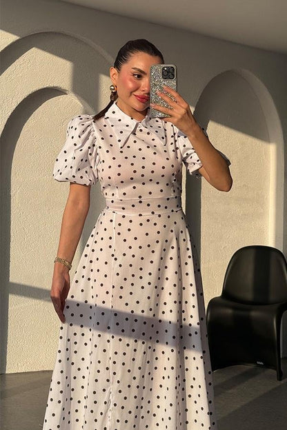 Montero Puantiyeli Balon Kol Elbise-Beyaz