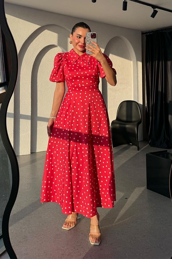 Montero Puantiyeli Balon Kol Elbise-Kırmızı