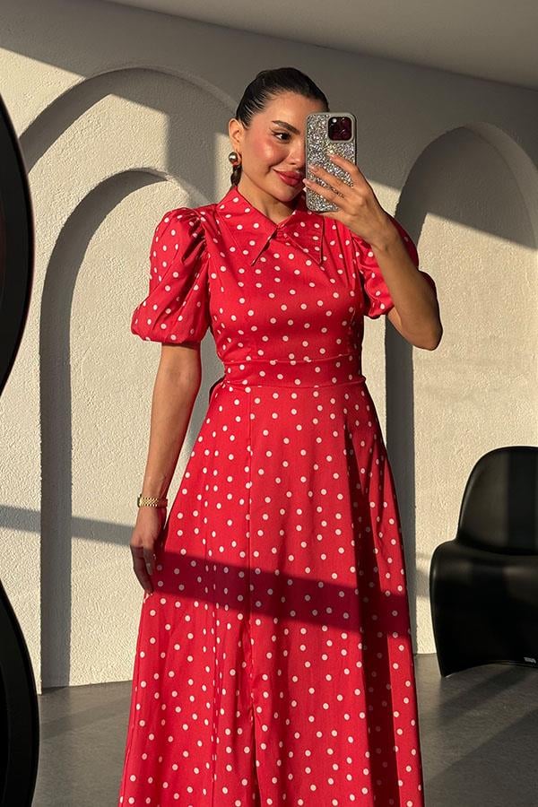 Montero Puantiyeli Balon Kol Elbise-Kırmızı