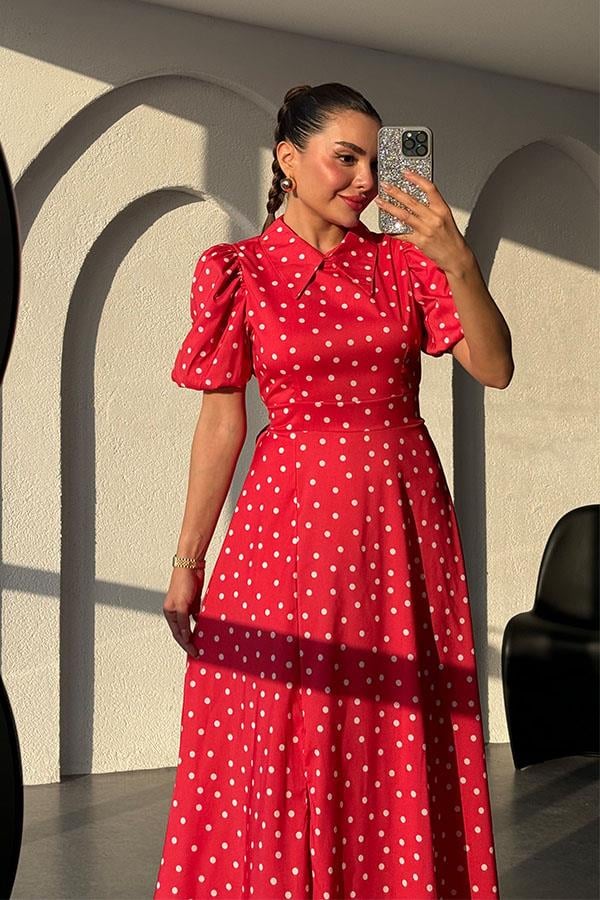 Montero Puantiyeli Balon Kol Elbise-Kırmızı