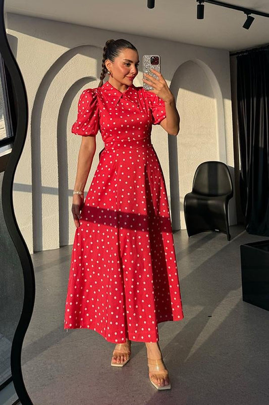 Montero Puantiyeli Balon Kol Elbise-Kırmızı