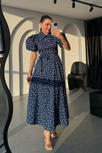 Montero Puantiyeli Balon Kol Elbise-Lacivert