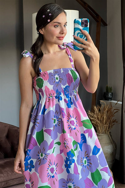 Mor çiçekli gipeli çiçekli elbise