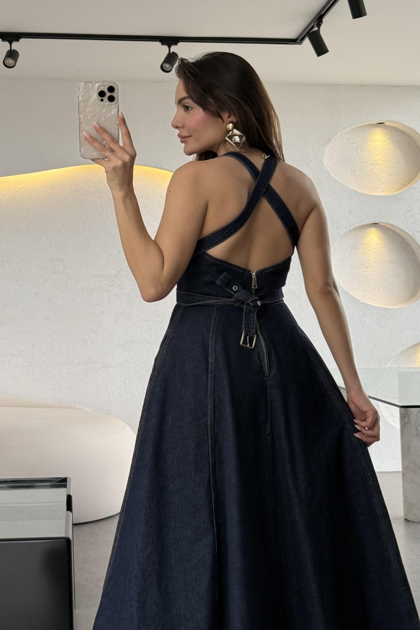 Moraes Denim Sırt Çapraz Midi Elbise