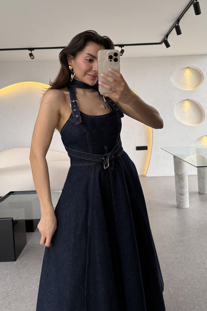 Moraes Denim Sırt Çapraz Midi Elbise