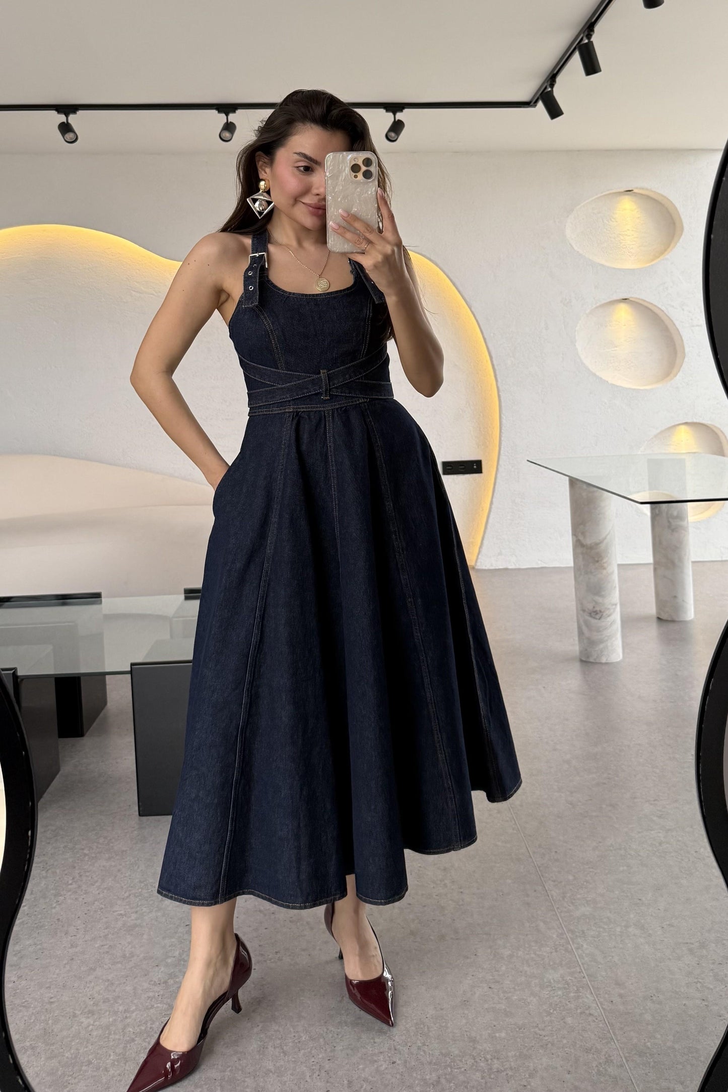 Moraes Denim Sırt Çapraz Midi Elbise