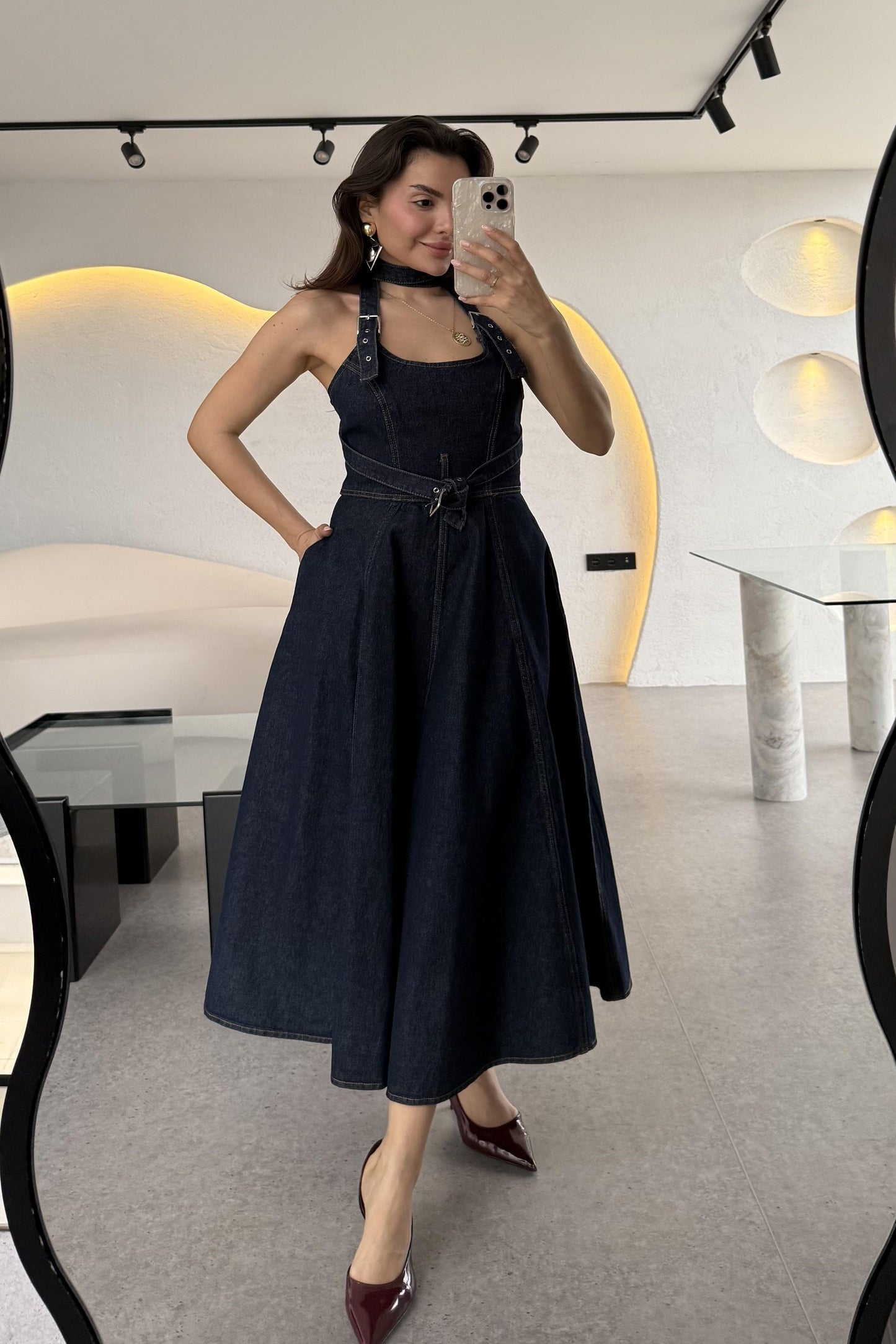 Moraes Denim Sırt Çapraz Midi Elbise