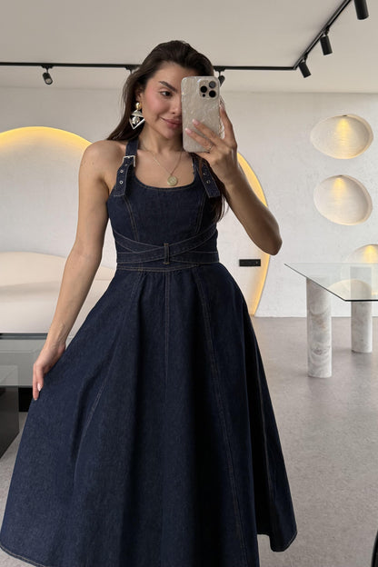 Moraes Denim Sırt Çapraz Midi Elbise