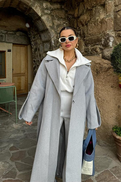 Morgan Balıksırtı Kaşe Kaban - Gri