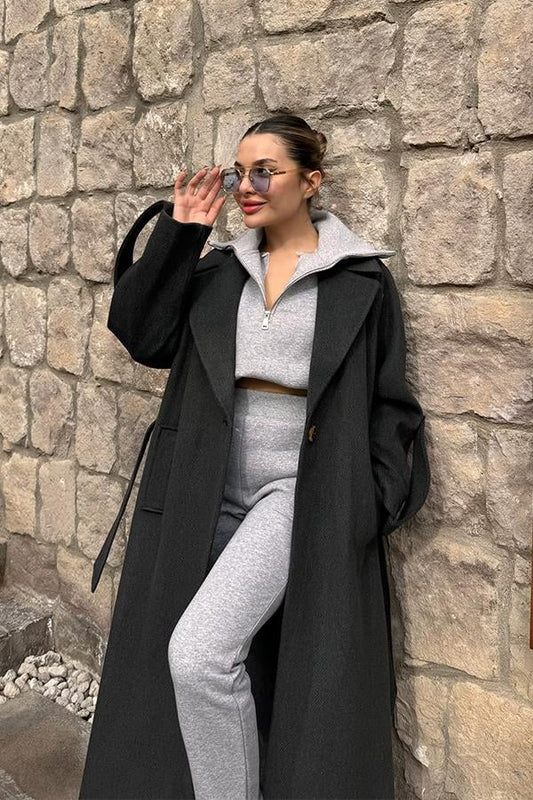 Morgan Balıksırtı Kaşe Kaban - Siyah