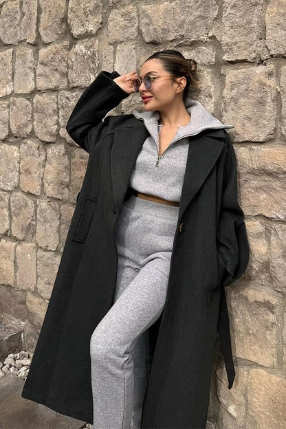 Morgan Balıksırtı Kaşe Kaban - Siyah