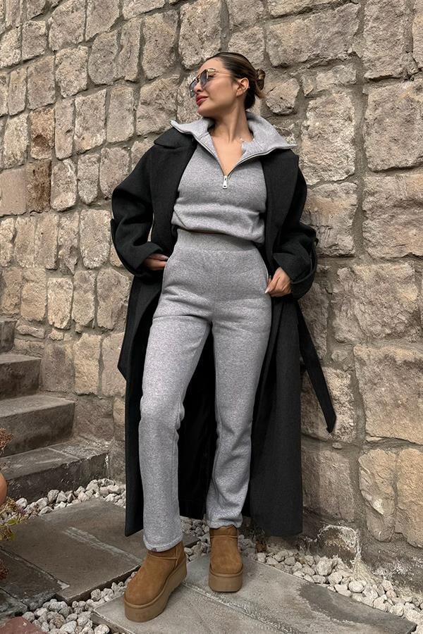 Morgan Balıksırtı Kaşe Kaban - Siyah