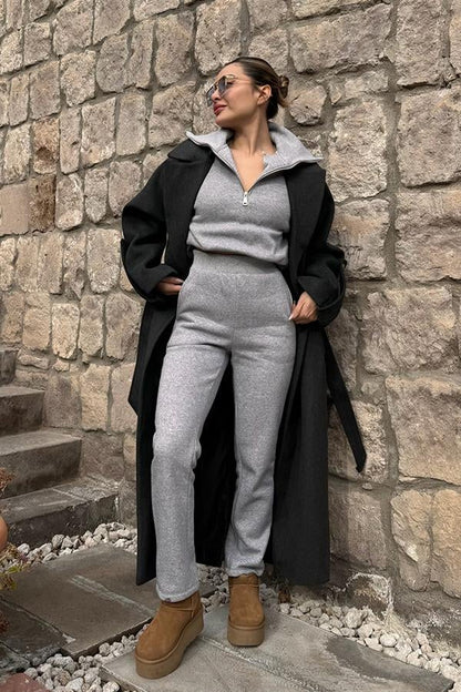 Morgan Balıksırtı Kaşe Kaban - Siyah