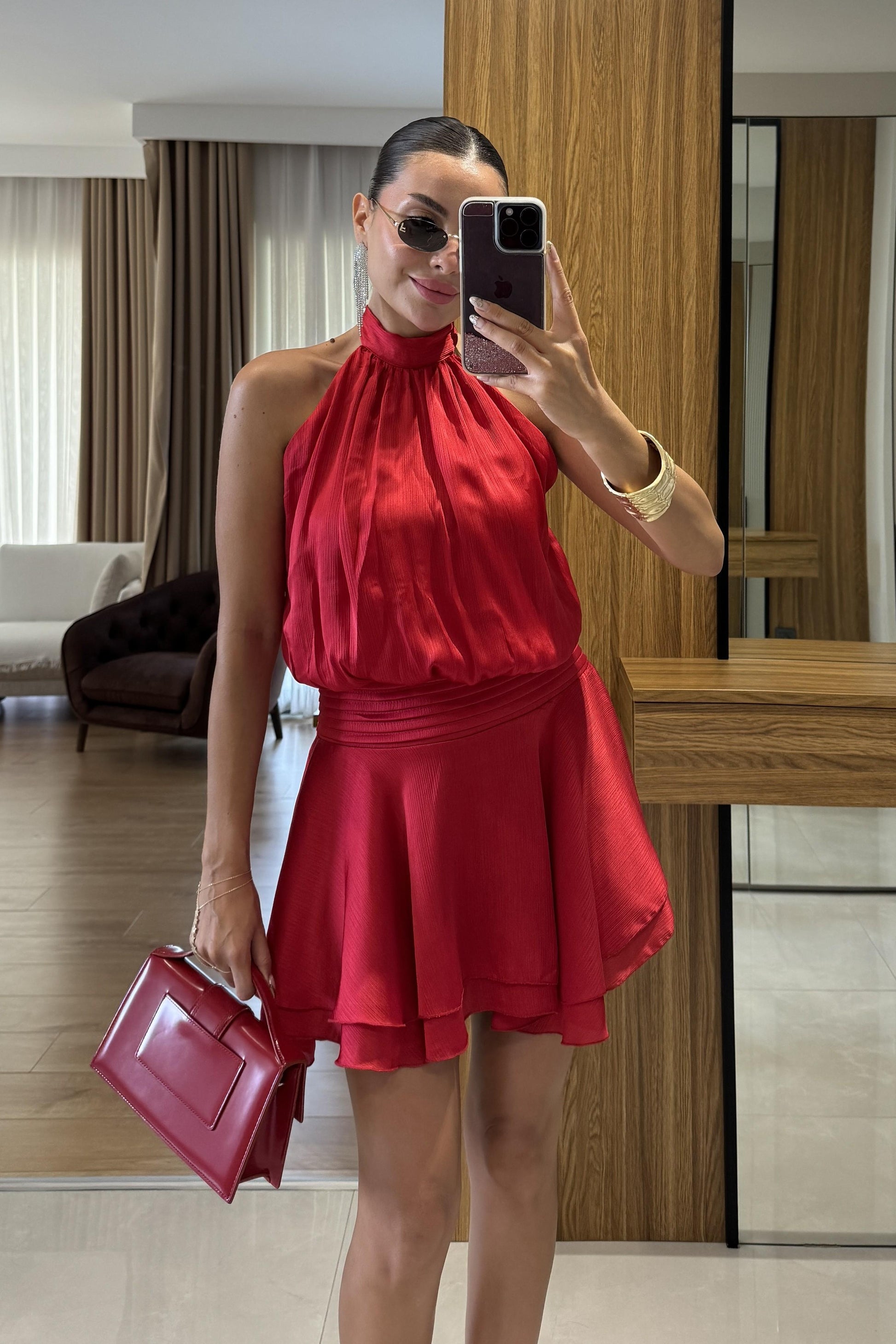 Moroni Kırmızı Belden Oturtmalı Volanlı Mini Elbise