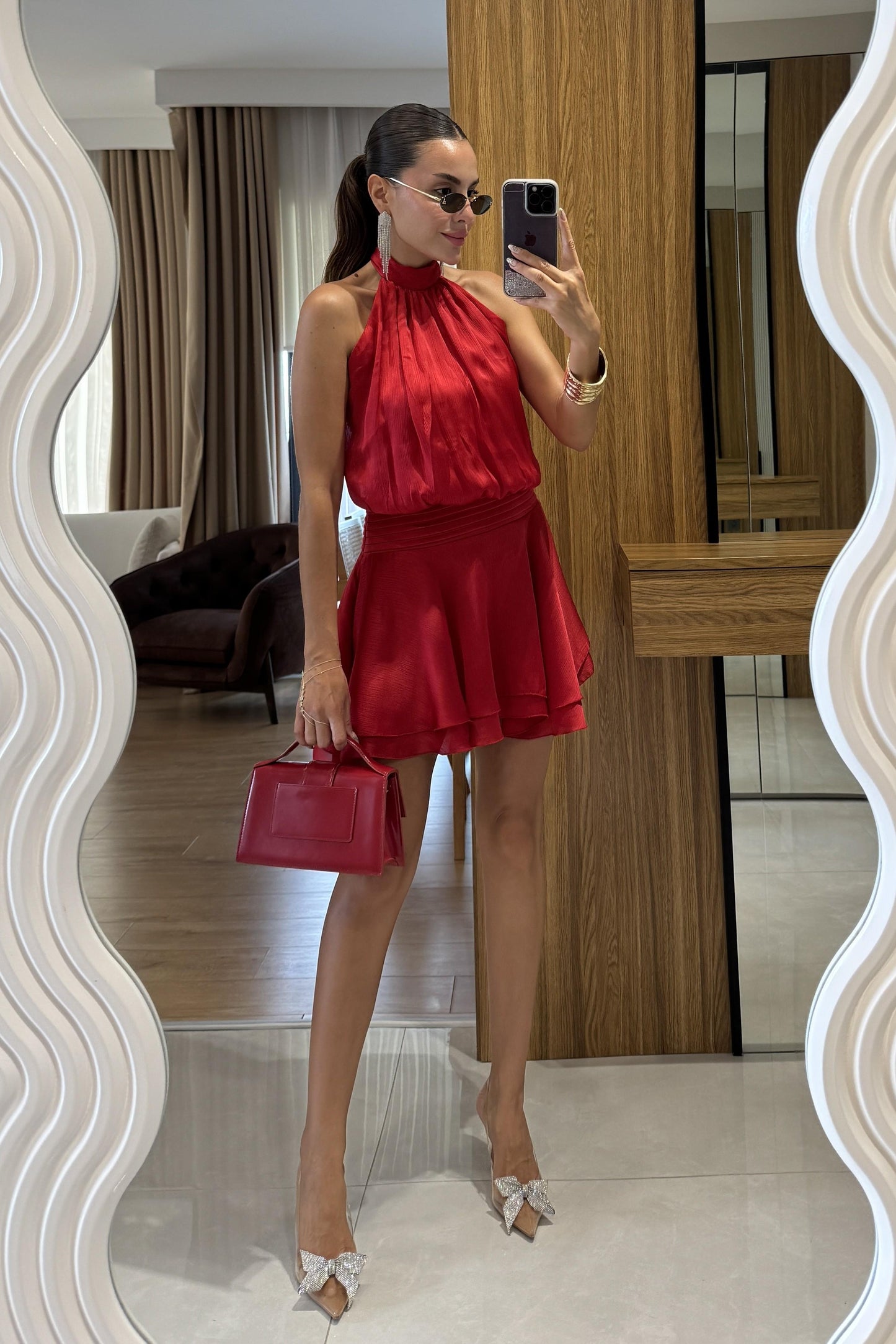 Moroni Kırmızı Belden Oturtmalı Volanlı Mini Elbise