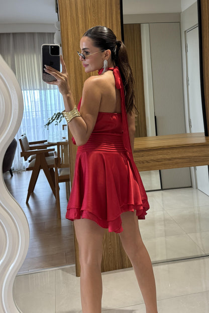 Moroni Kırmızı Belden Oturtmalı Volanlı Mini Elbise