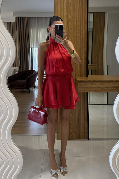 Moroni Kırmızı Belden Oturtmalı Volanlı Mini Elbise