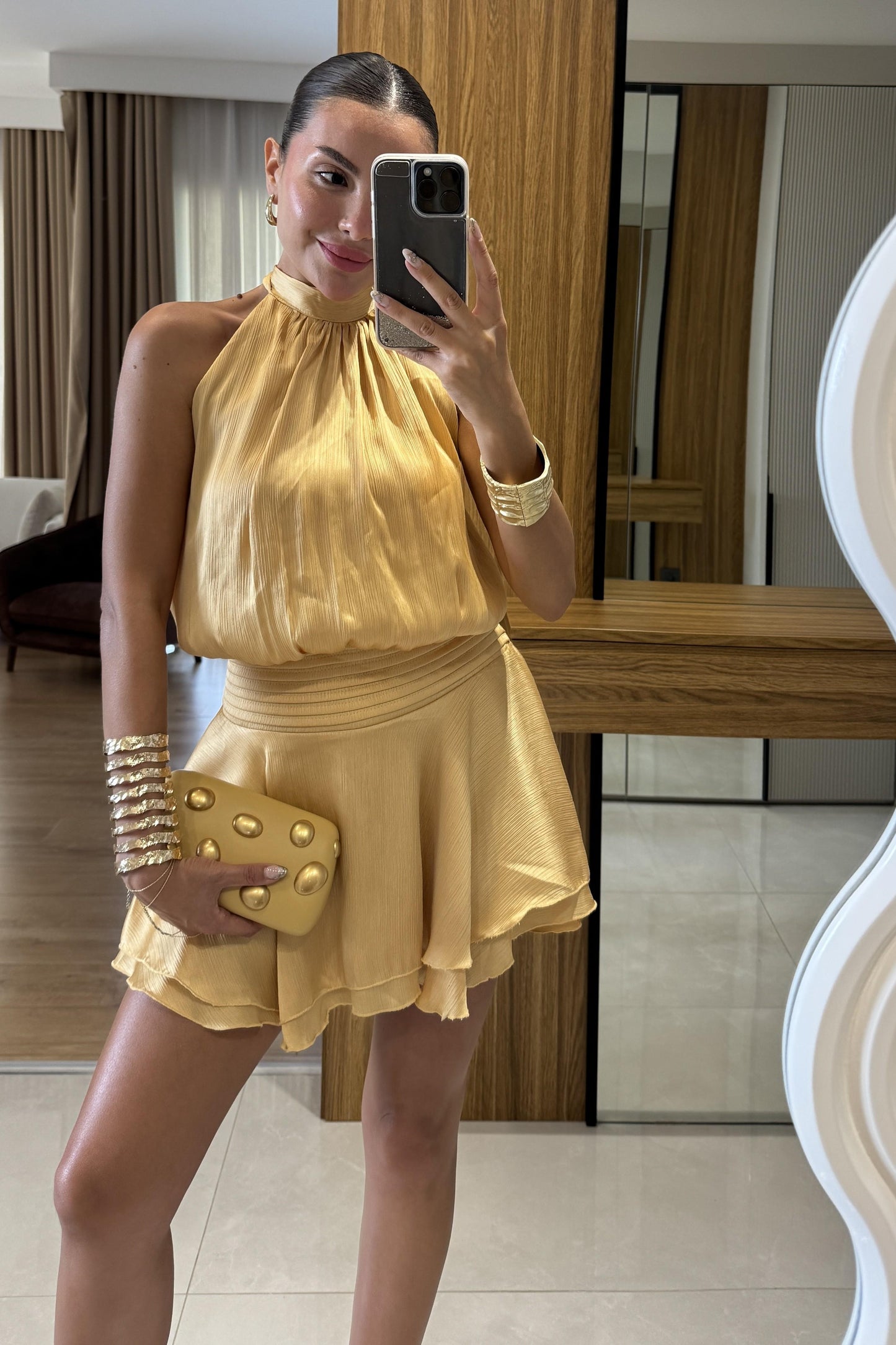 Moroni Sarı Belden Oturtmalı Volanlı Mini Elbise