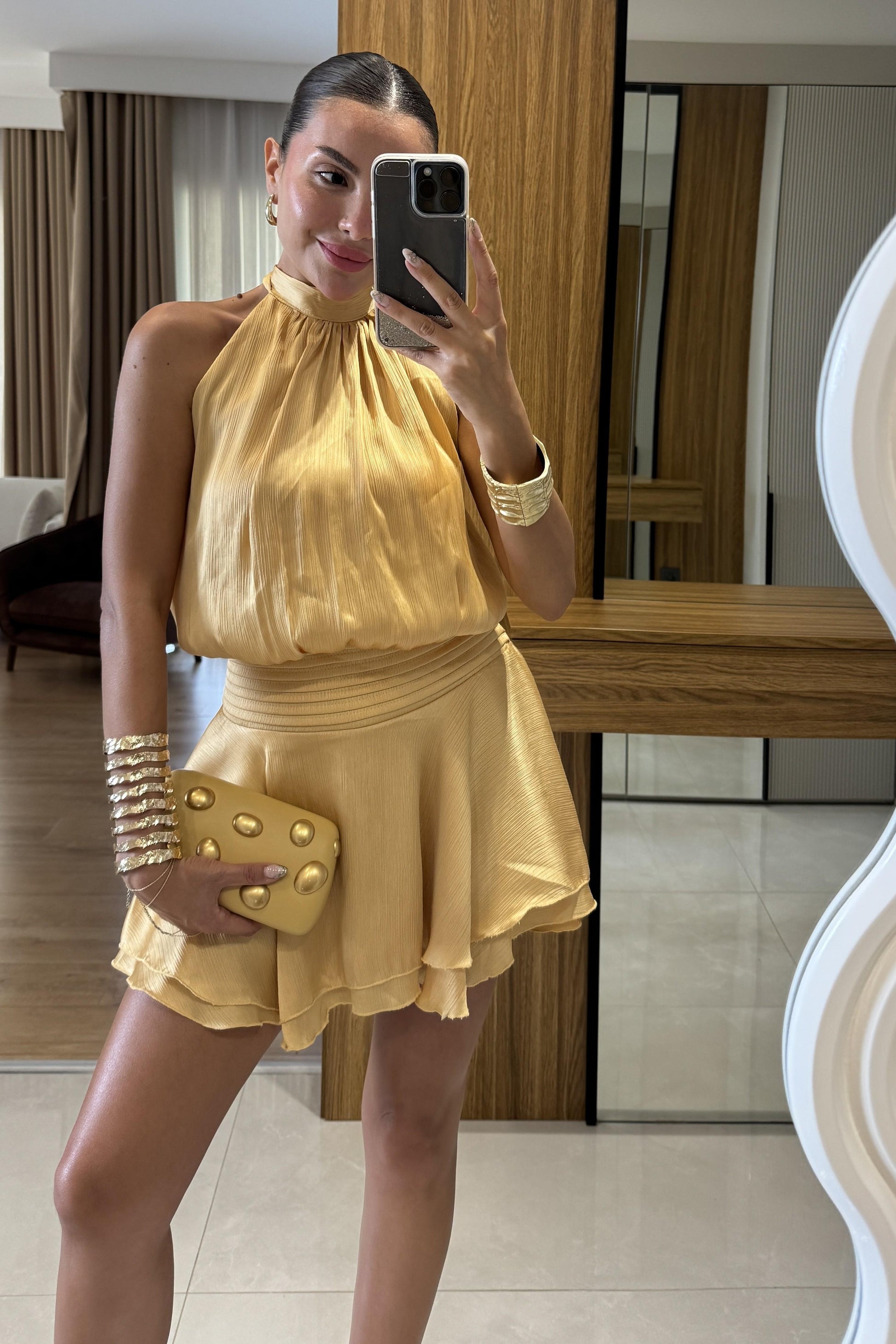 Moroni Sarı Belden Oturtmalı Volanlı Mini Elbise