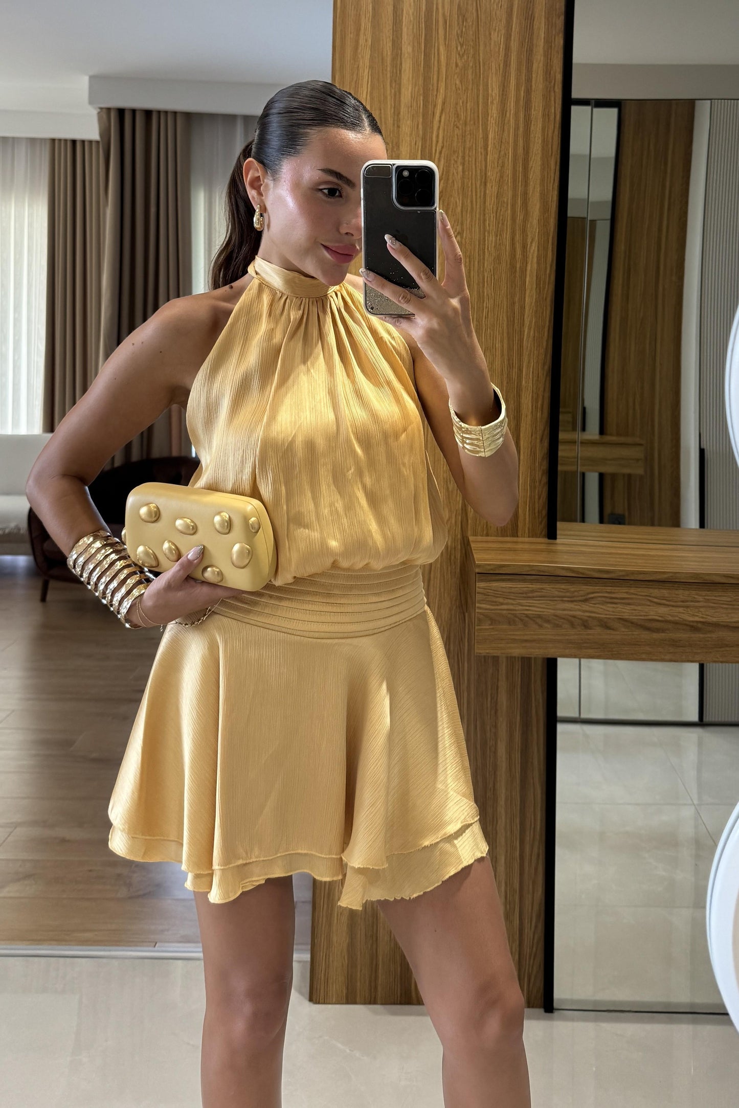 Moroni Sarı Belden Oturtmalı Volanlı Mini Elbise