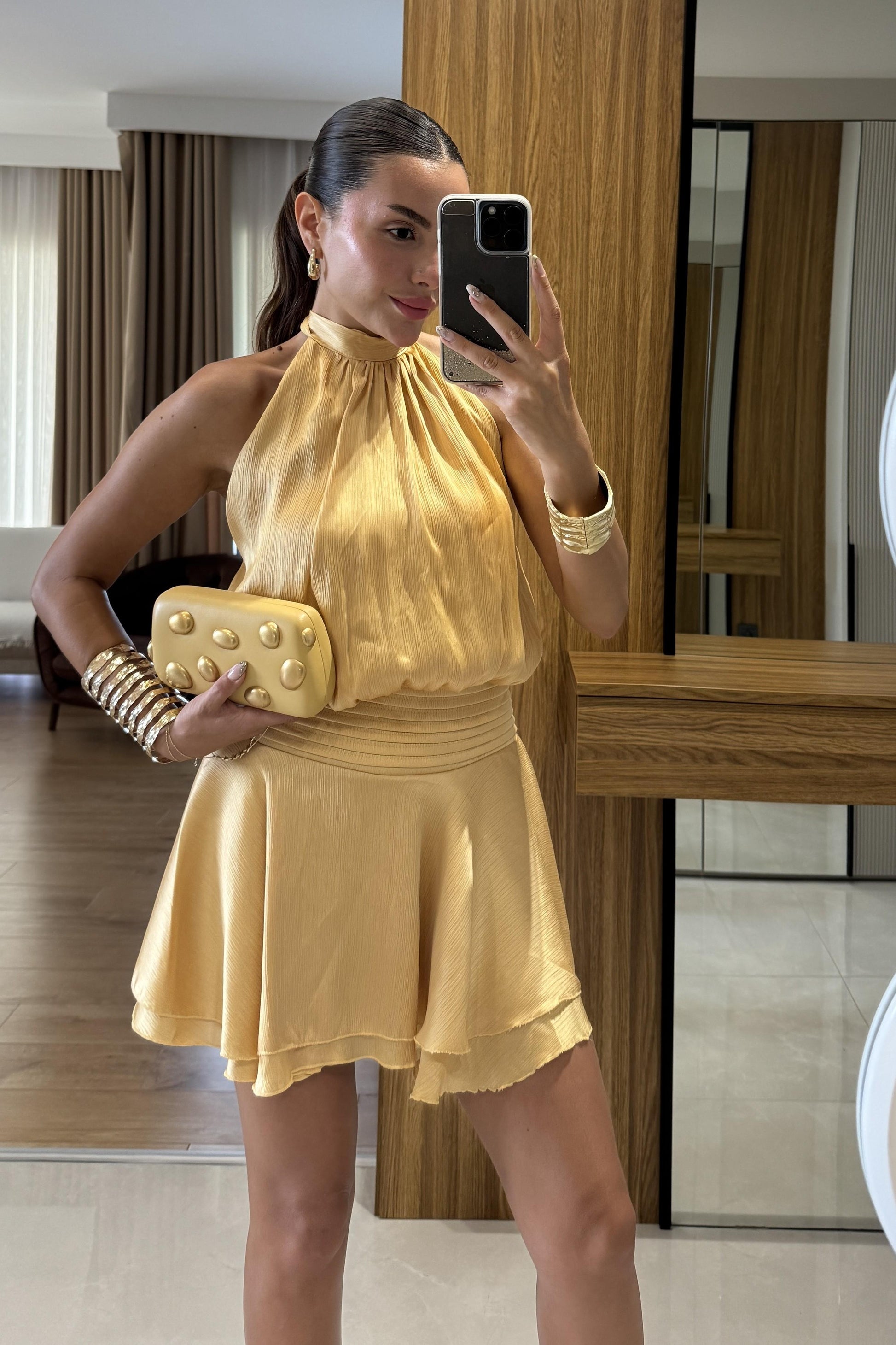 Moroni Sarı Belden Oturtmalı Volanlı Mini Elbise