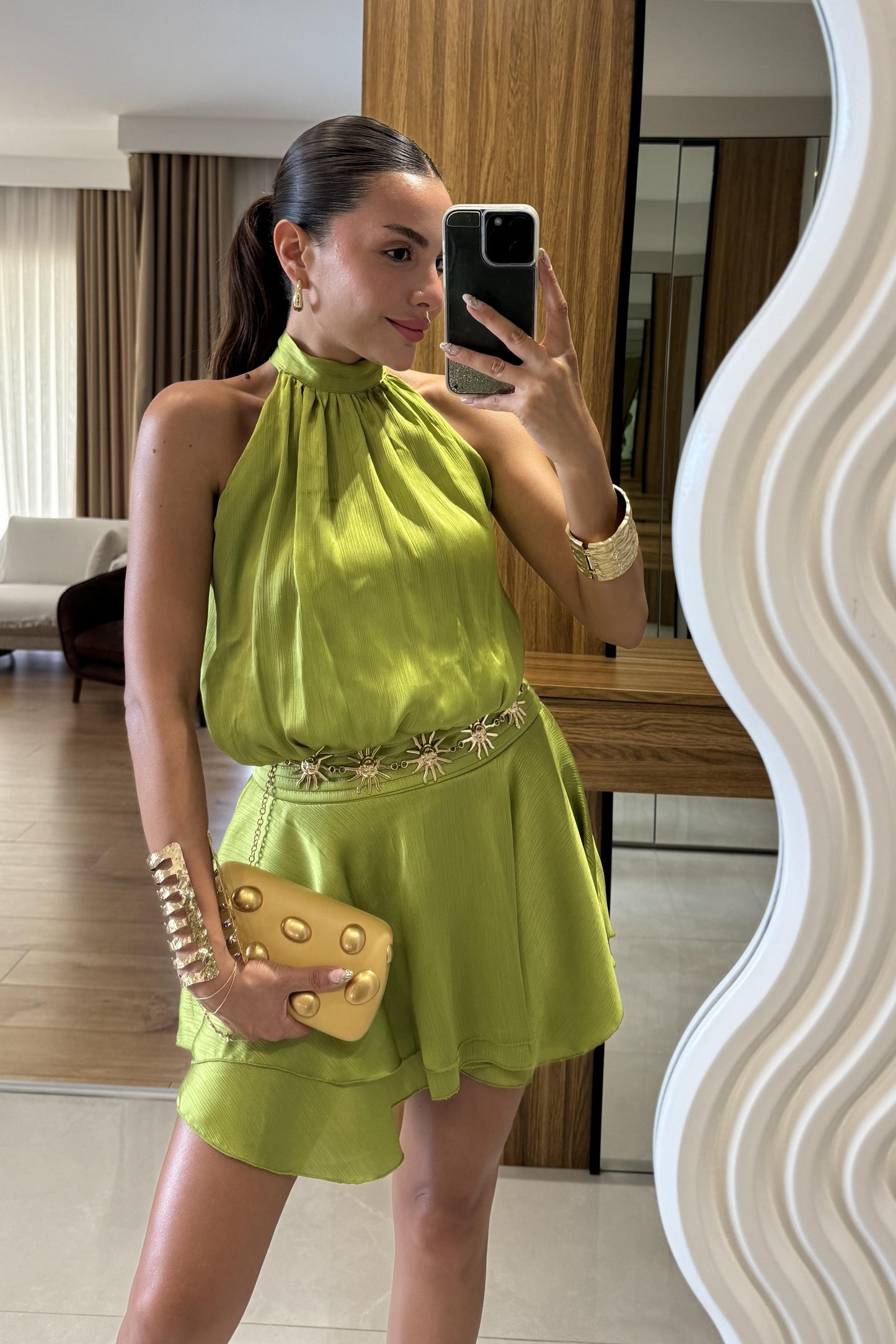 Moroni Yeşil Belden Oturtmalı Volanlı Mini Elbise