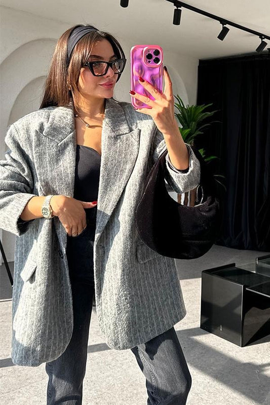 Motloch Çizgili Gri Kaşe Ceket