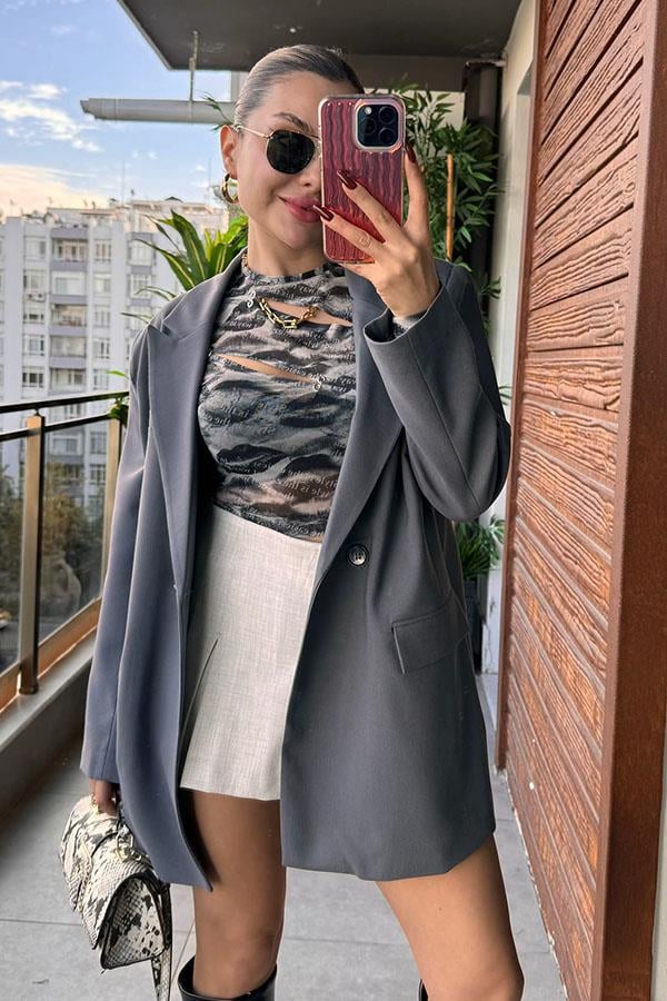 Mourosa Oversize Blazer Ceket - Koyu Gri